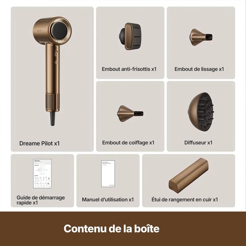Contenu de la boîte du Dreame Pilot Smart AI avec étui de rangement en cuir