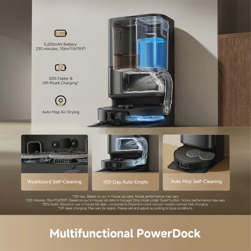 Station PowerDock du Dreame D30 Ultra : vidage automatique, lavage et séchage des serpillières